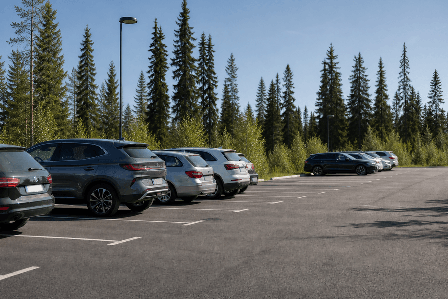 Aurora Village Parking Lot with Fir Trees Summer-1-1