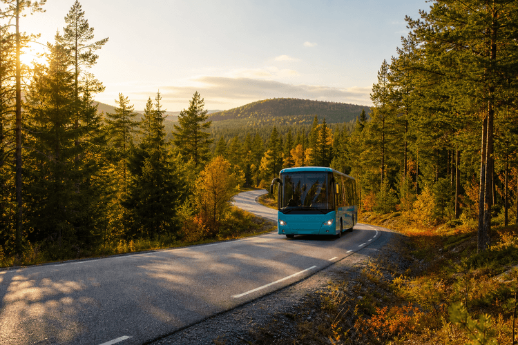 Shuttle Bus Traveling Through Northern Sweden on TreeLined Road-1